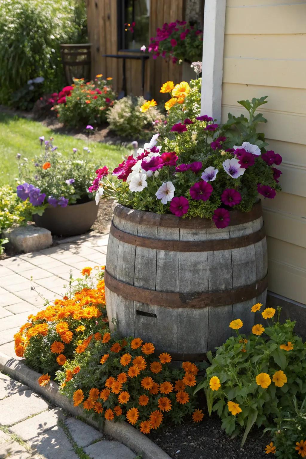 A classic wine barrel showcasing an abundance of colorful flowers.