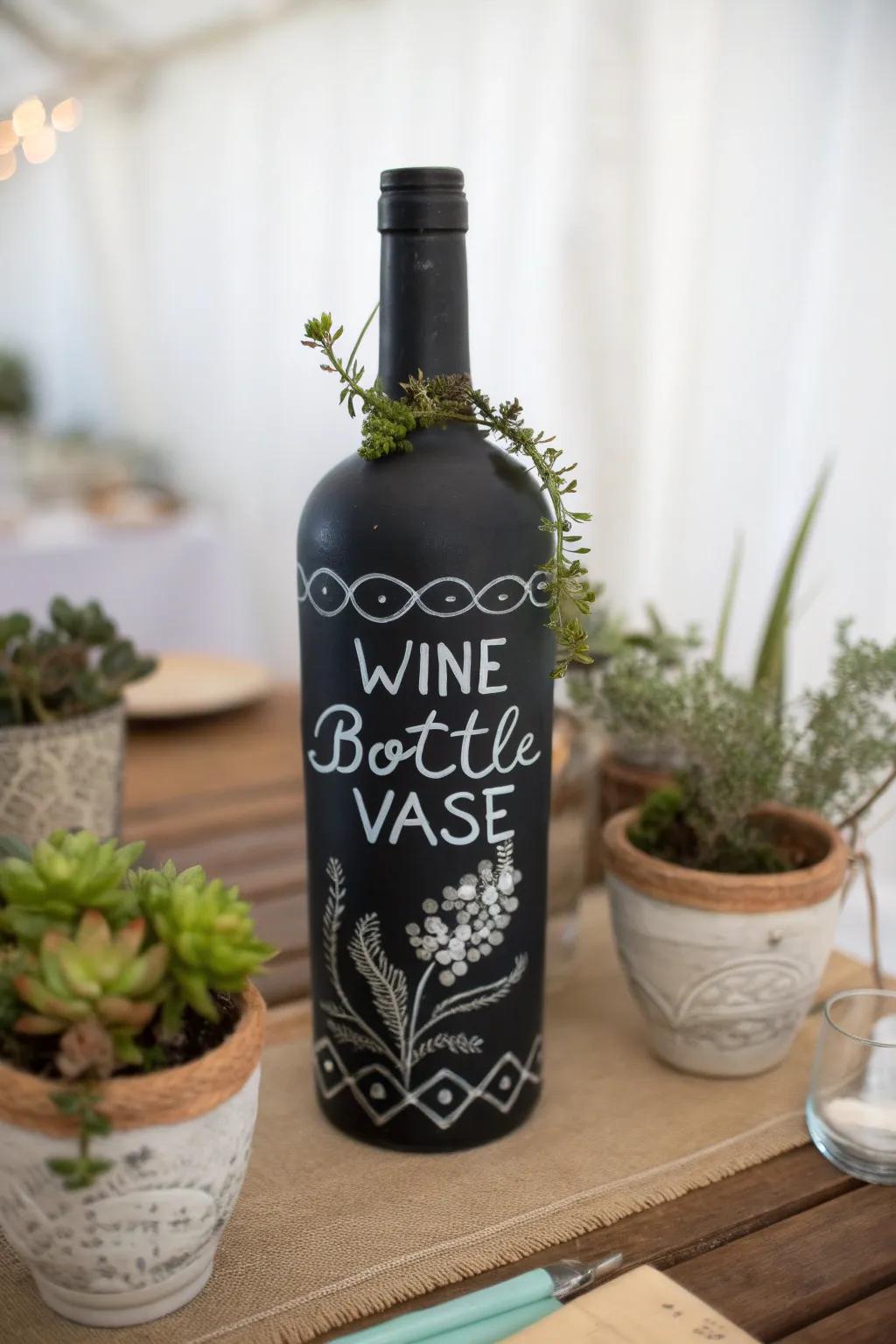 A slateboard-painted grape juice bottle becomes a versatile, message-ready vase.