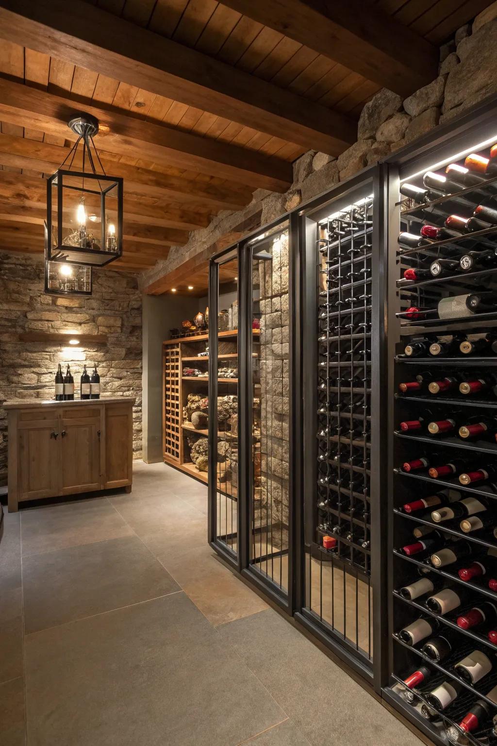 Contemporary wine cellar showcasing stylish metallic wine racks.