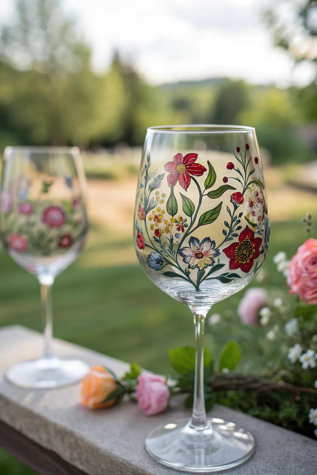 A wine glass with flowers painted by hand that embody the beauty of spring.