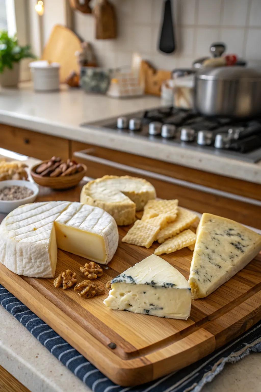 A delicious variety of cheeses prepared to be enjoyed.
