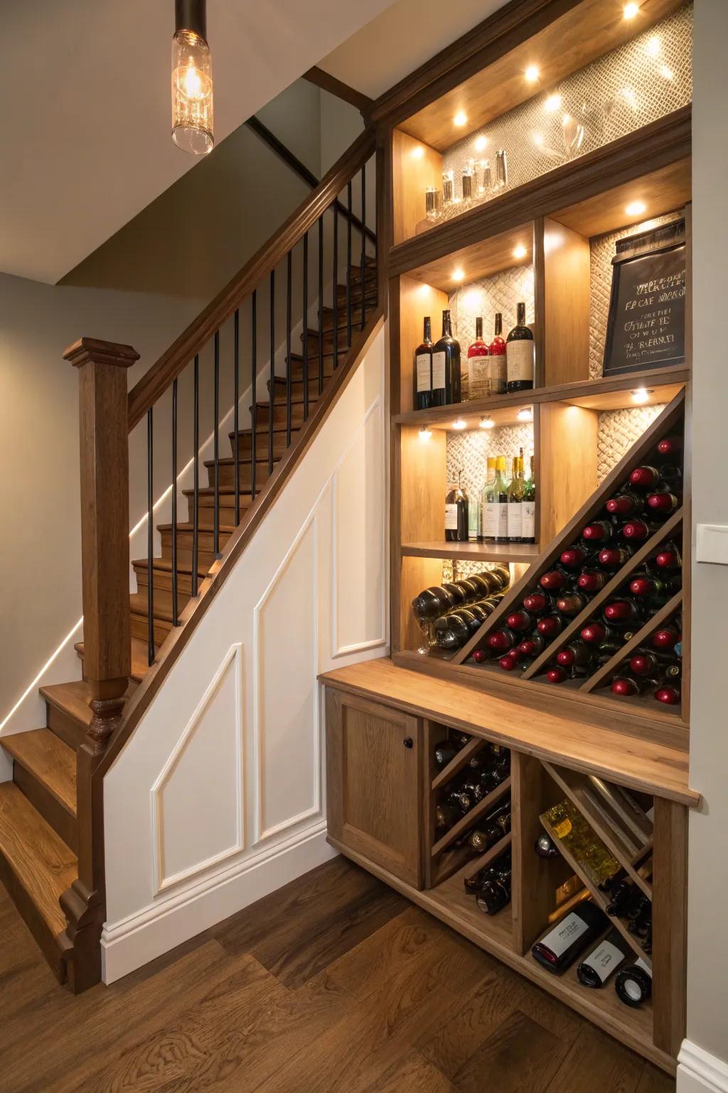 The space under the stairs converted into an inviting wine corner.