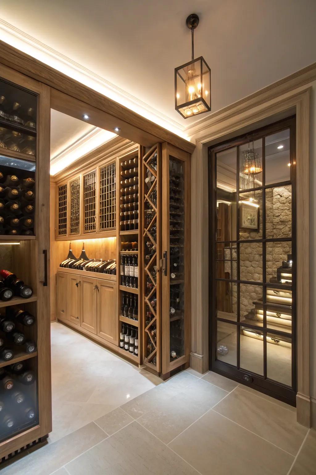 Gentle LED lights creating an inviting atmosphere in the wine room.