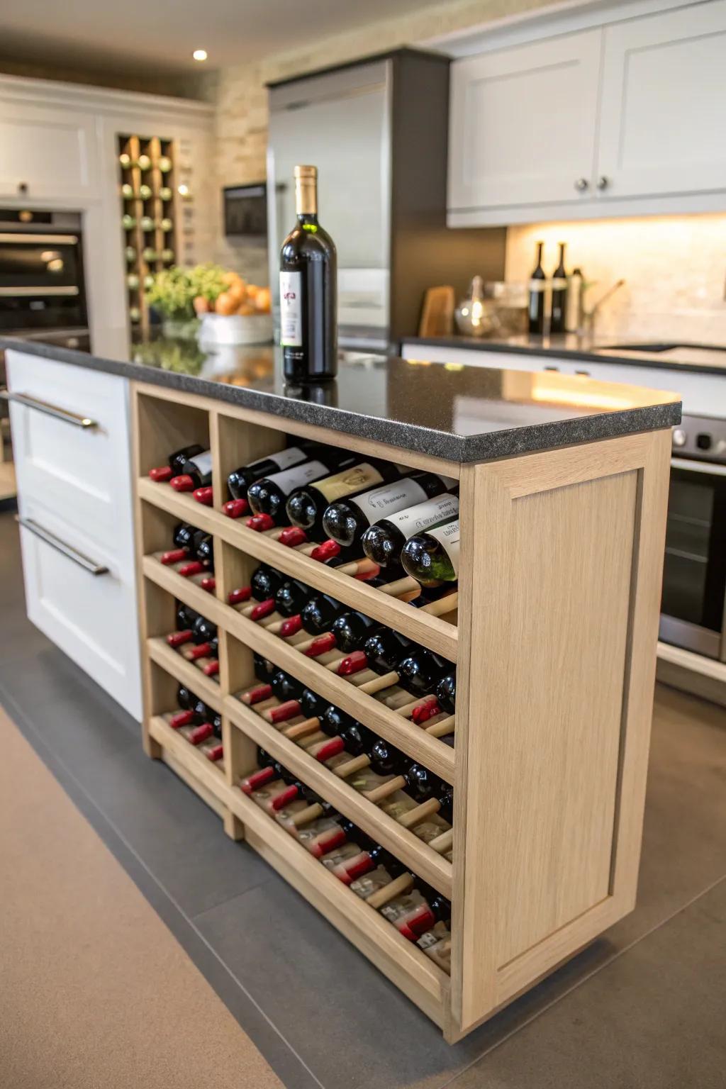 Incorporating wine racks into a kitchen island increases its visual appeal and usability.