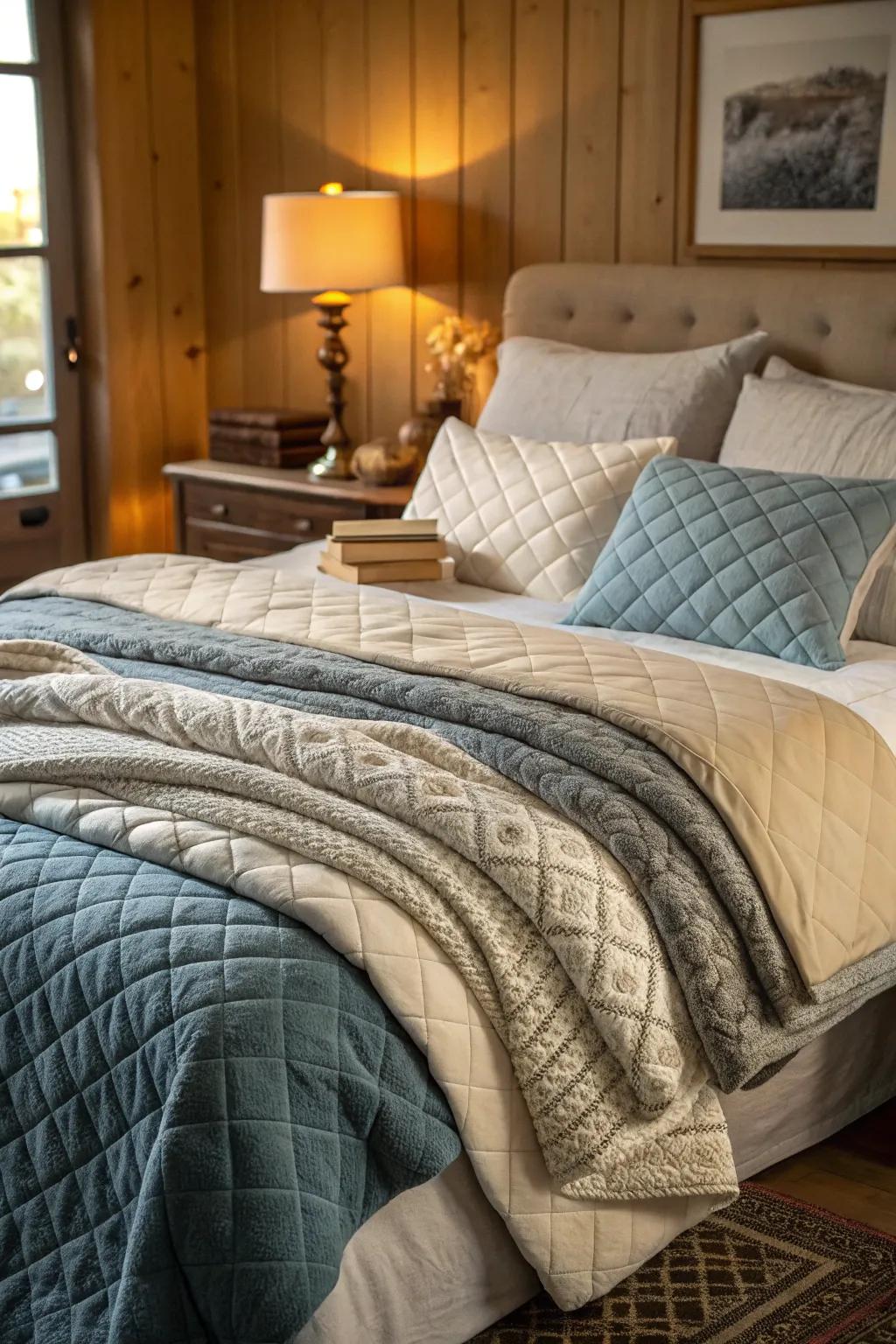 Layers of quilts and throws offering a cozy winter embrace.