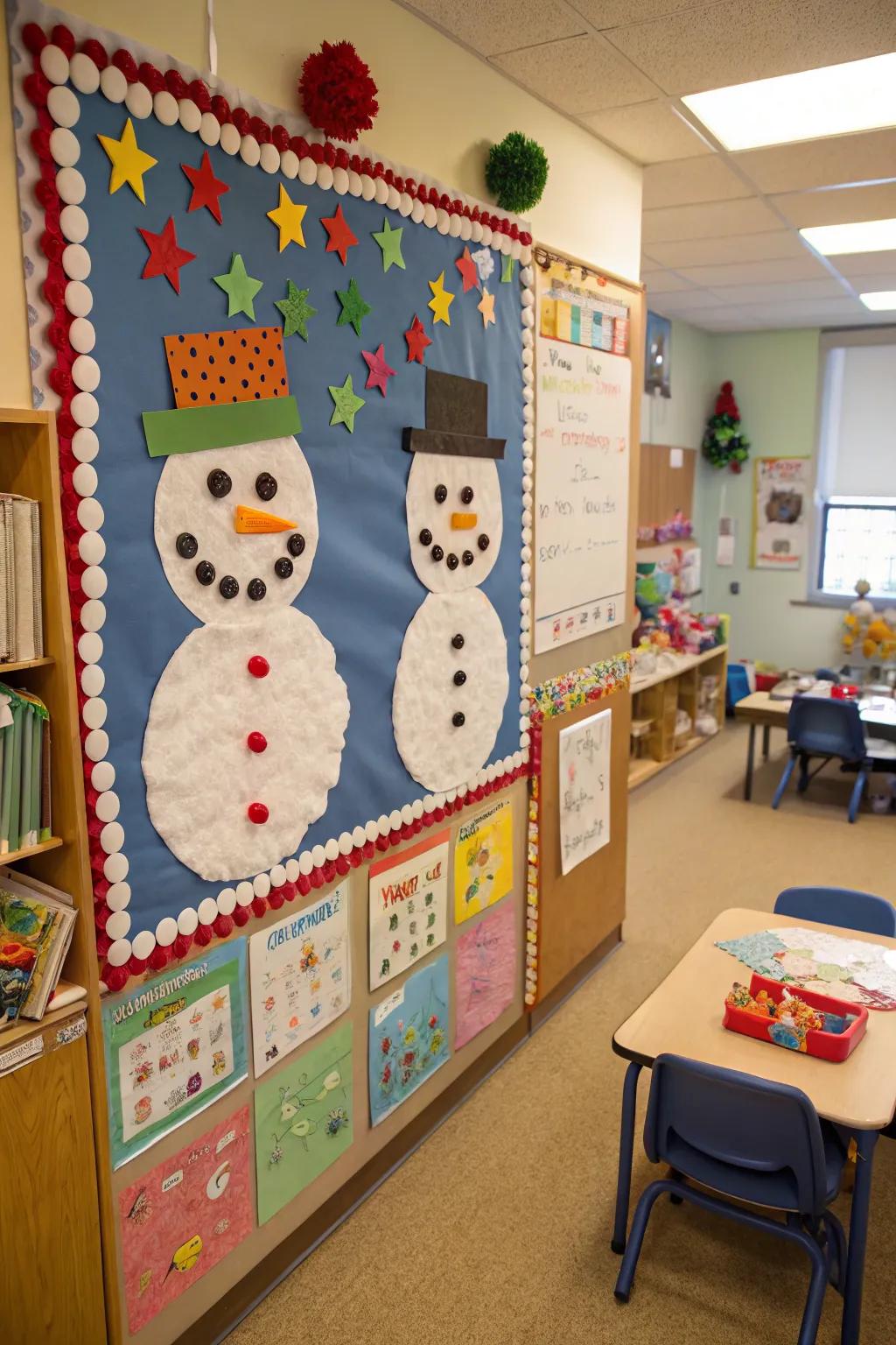 Handcrafted snow figures spread winter delight on the preschool bulletin board.