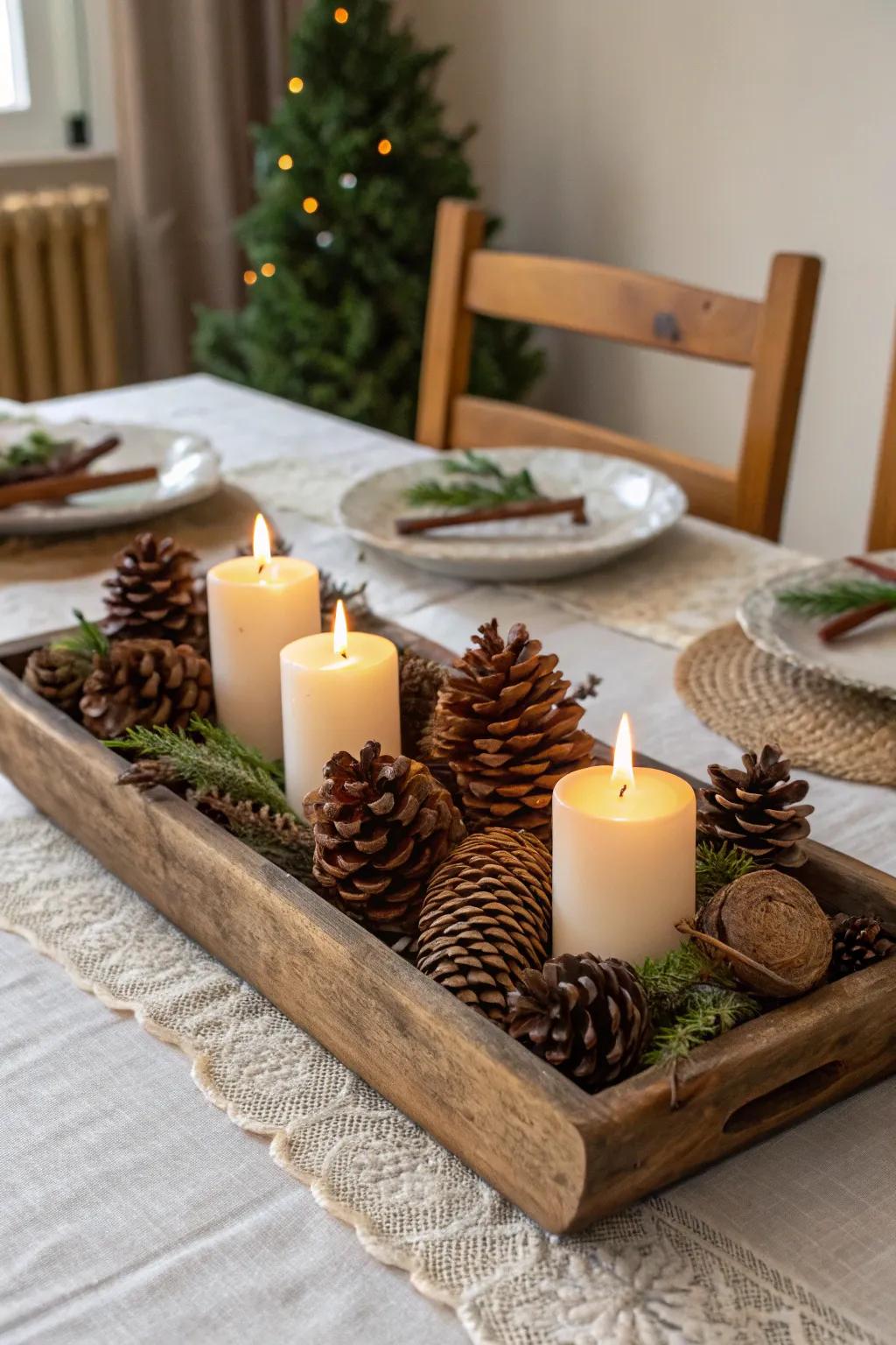 A snug glow created by fir cones and tapers.
