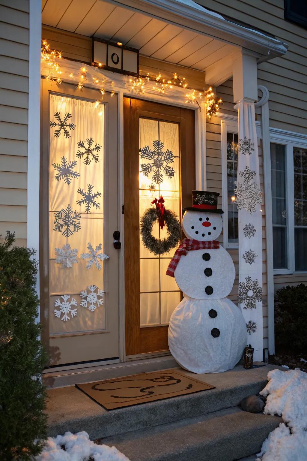 A delightful snowman extends a playful winter greeting to visitors.