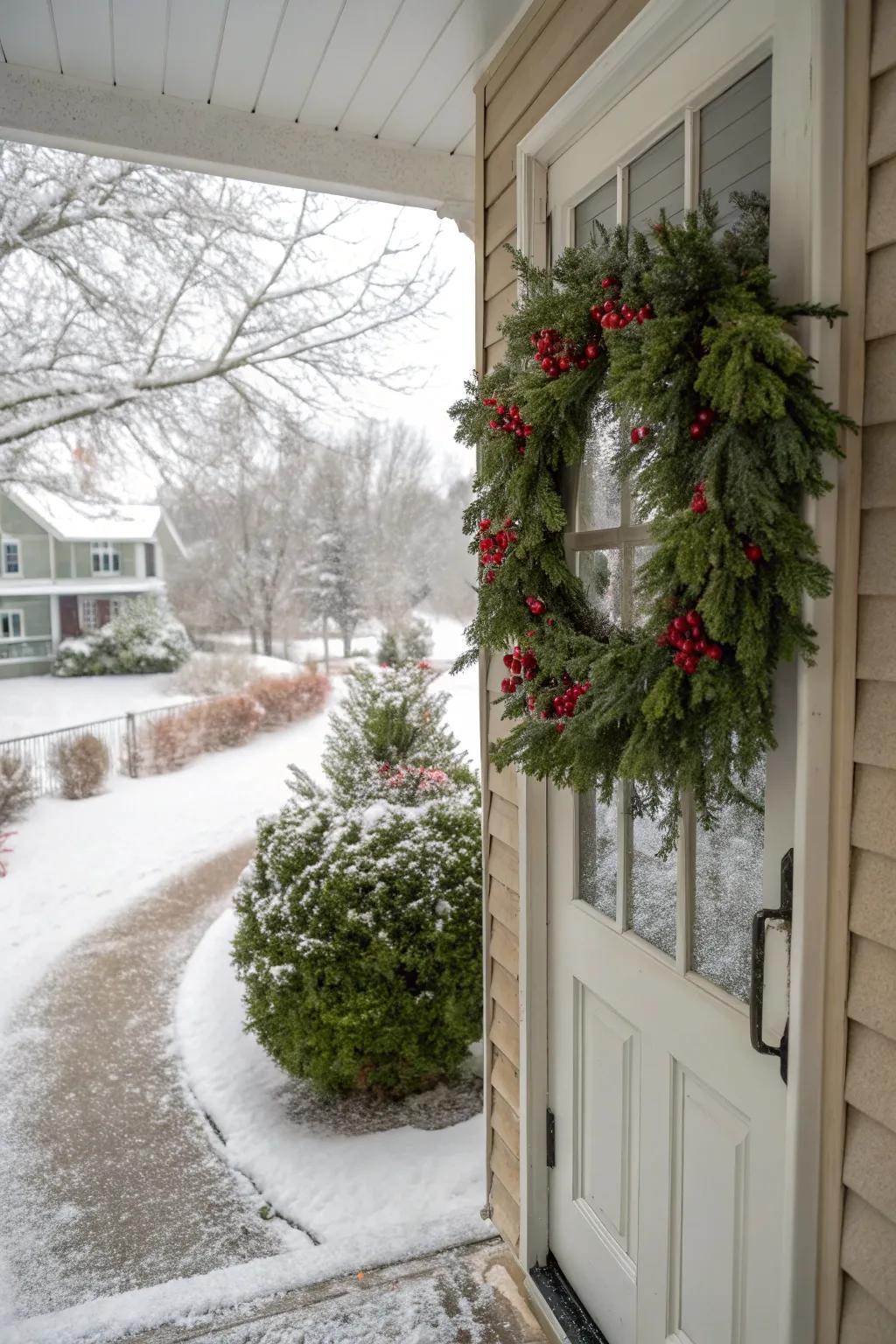 An entryway enhanced with a full evergreen circle, ideal for the winter season.
