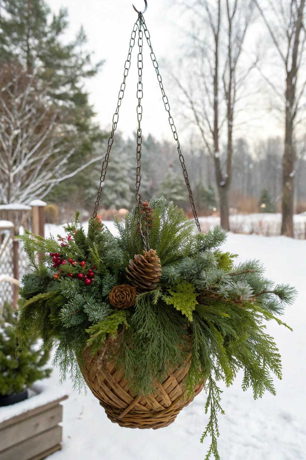 Evergreens provide a classic touch to winter baskets.