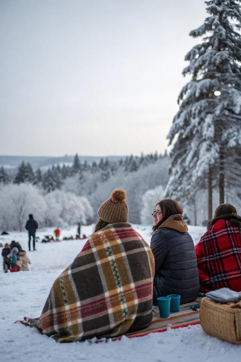 Get all snug with toasty blankets at your winter picnic.