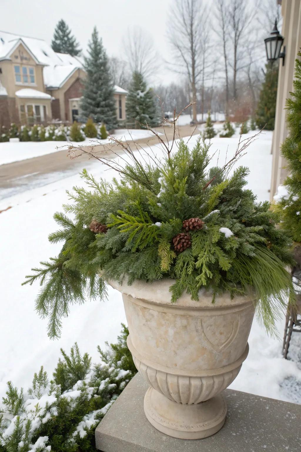 Evergreen foliage lays a vibrant and welcoming groundwork for winter planters.
