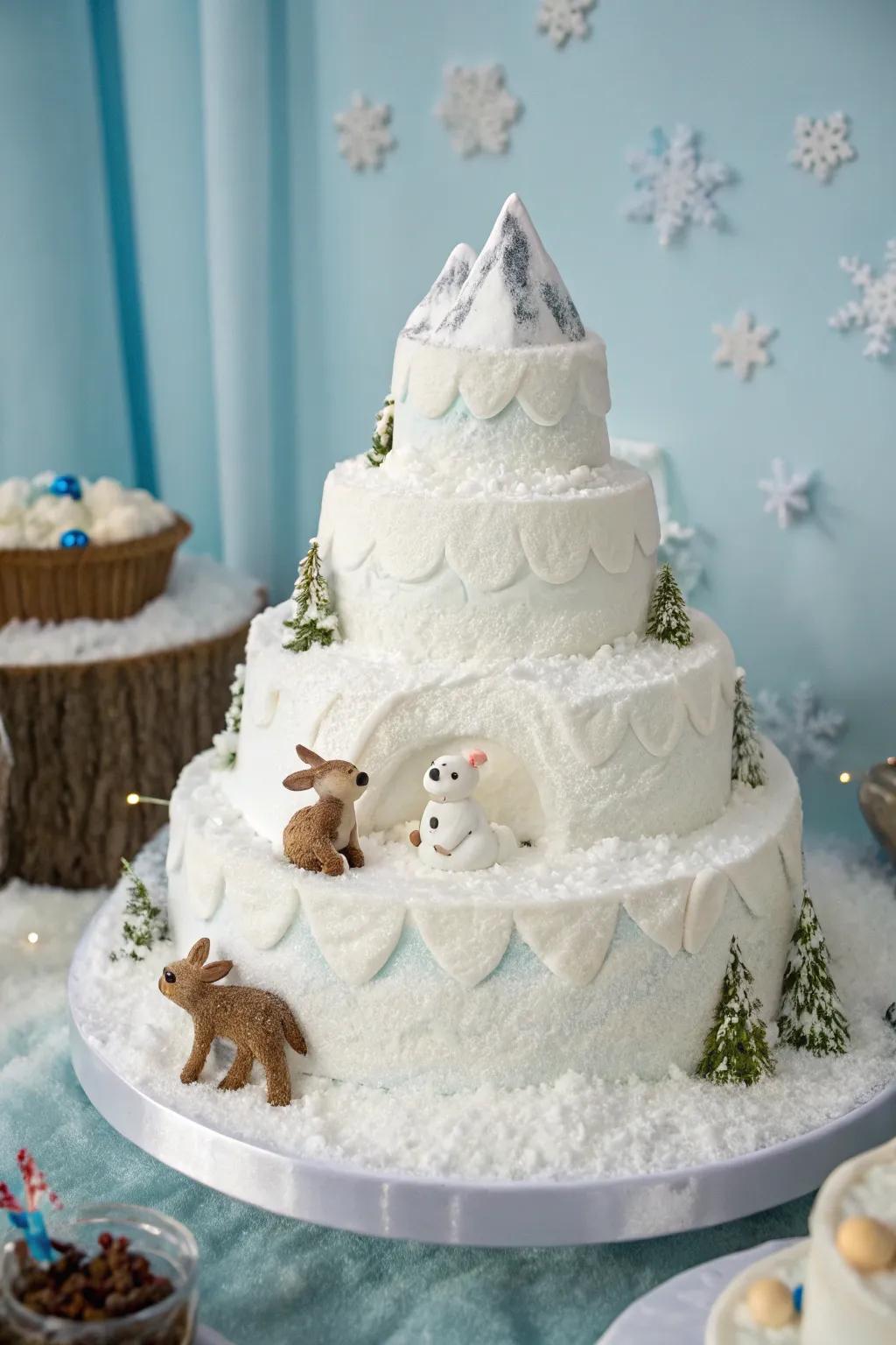 A snowy mountain cake with cute baby animals, ideal for a winter wonderland theme.