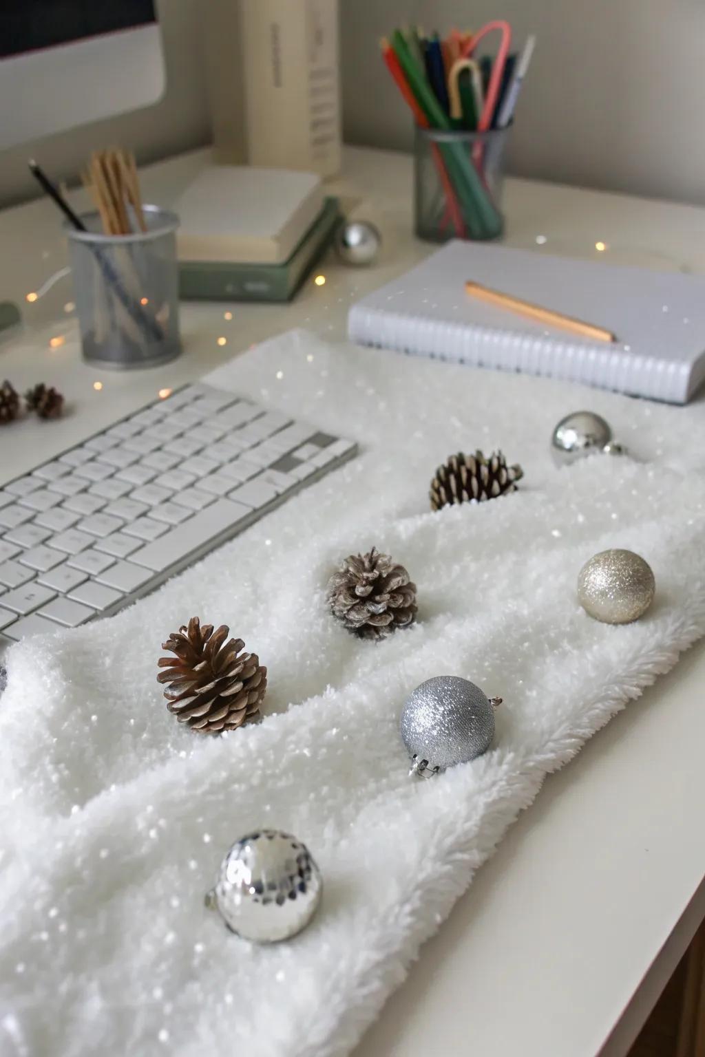 A desk reimagined with snow-like d&eacute;cor for a stunning winter wonderland atmosphere.