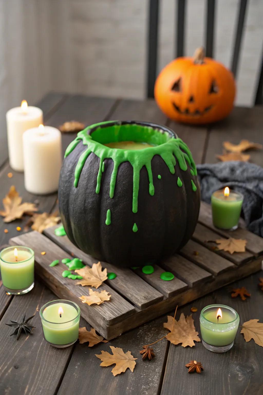 Pumpkin cauldron featuring a gushing verdant foam impression.