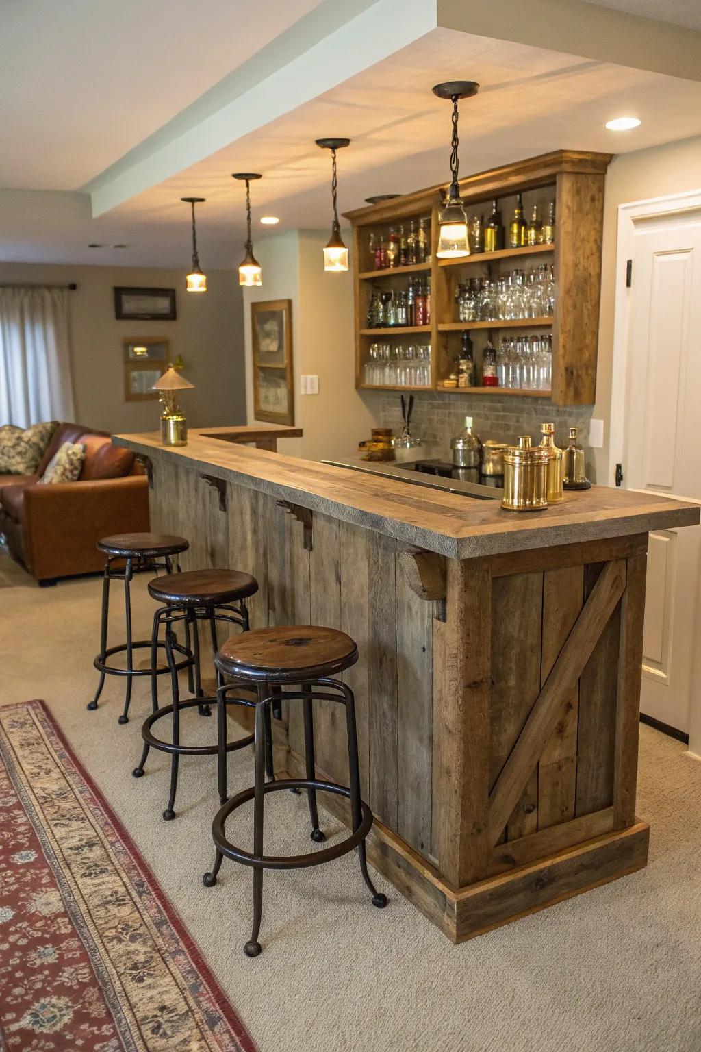 A bar fashioned from repurposed wood, providing a cozy and pleasant atmosphere.
