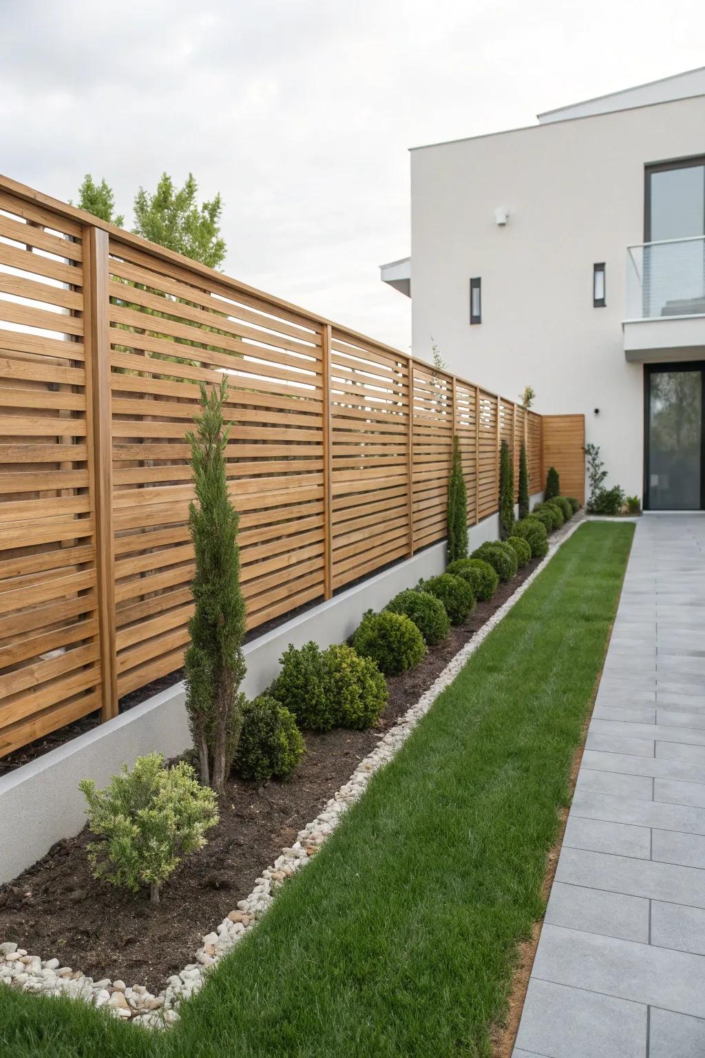 A modern horizontal slat fence enhances any outdoor setting.
