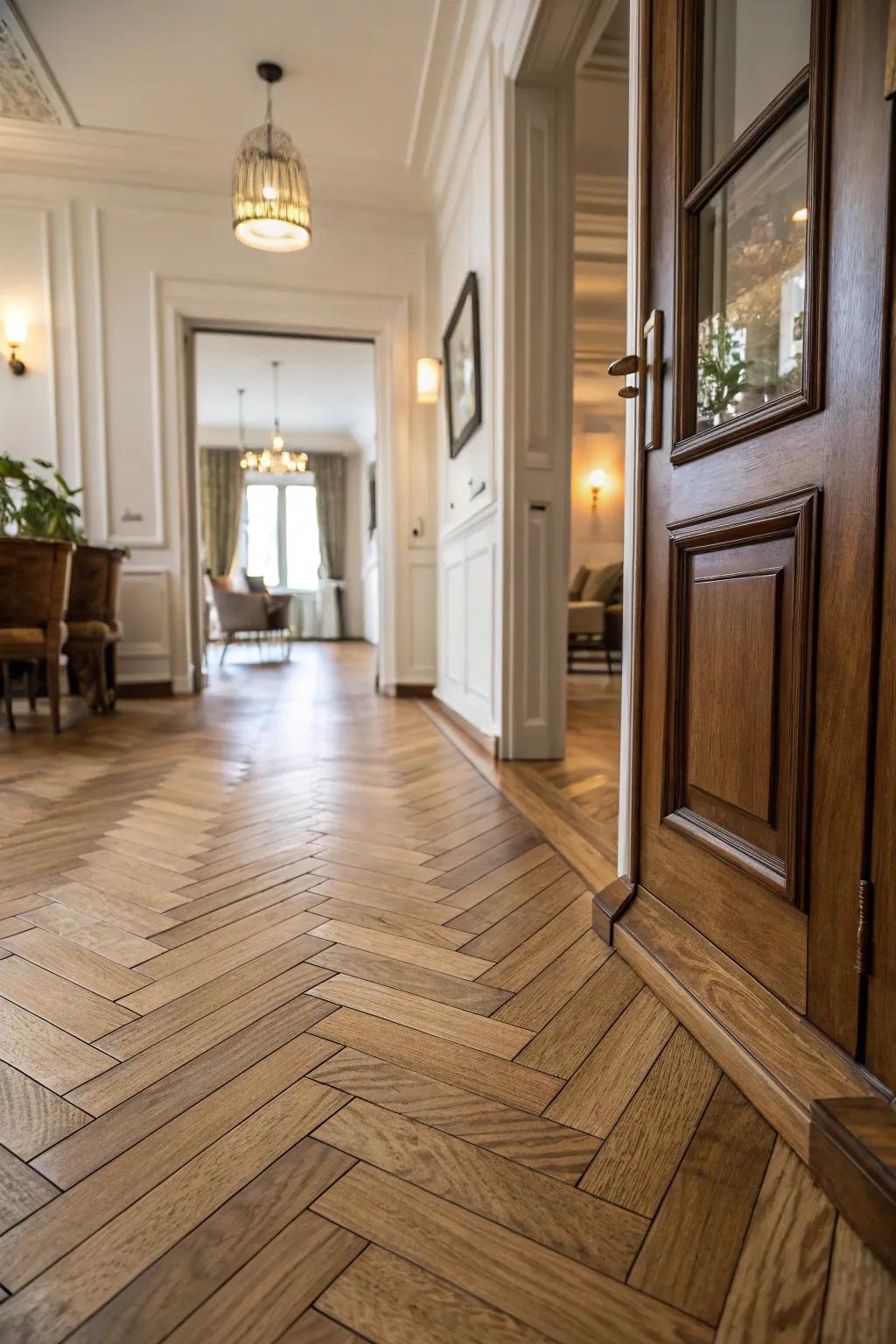 Herringbone designs offer an unbroken and stylish connection across various flooring types.