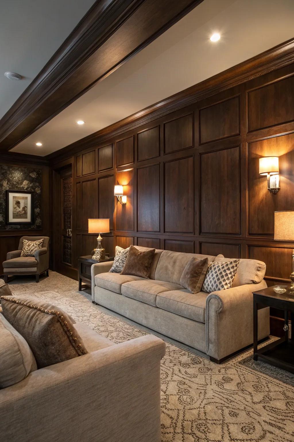 A wood-paneled focal wall provides warmth to any living room.