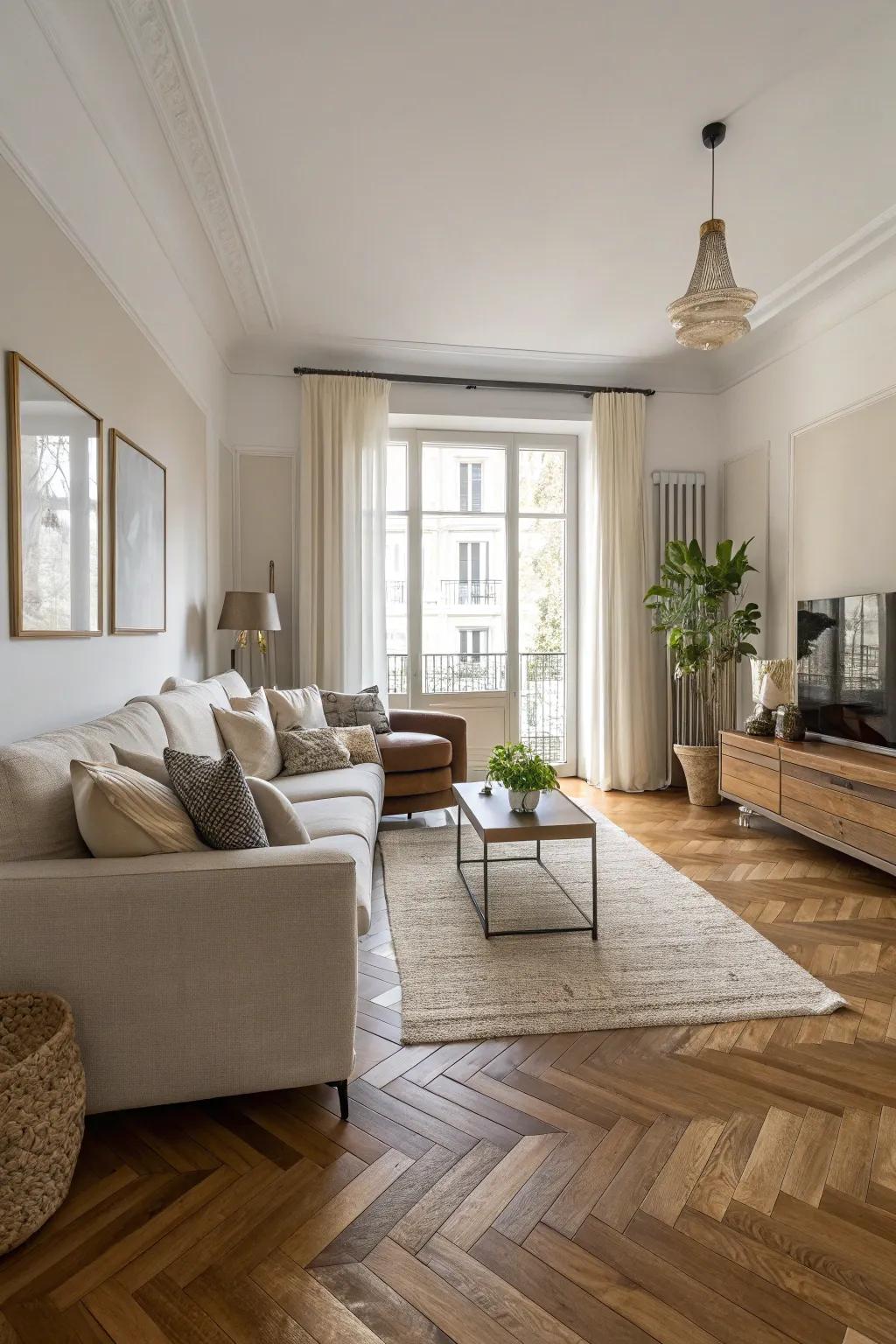 A contemporary living space showcasing a herringbone wood floor that radiates class.
