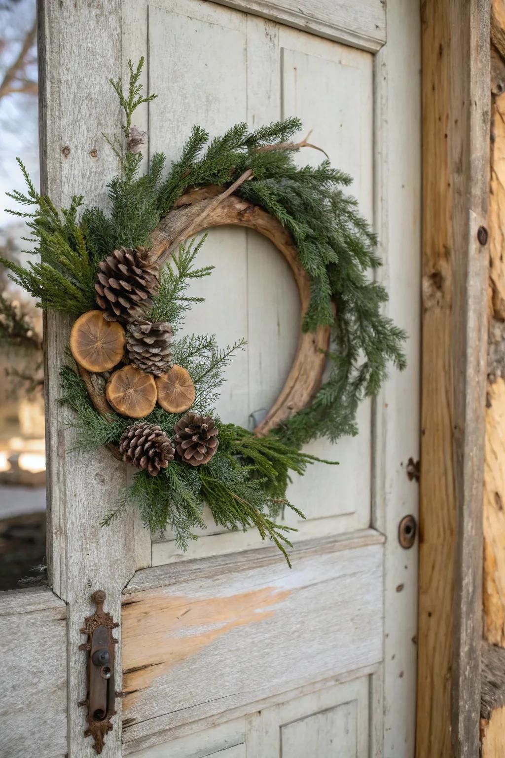 Classic evergreen and wood rounds wreath showcasing its enduring appeal.
