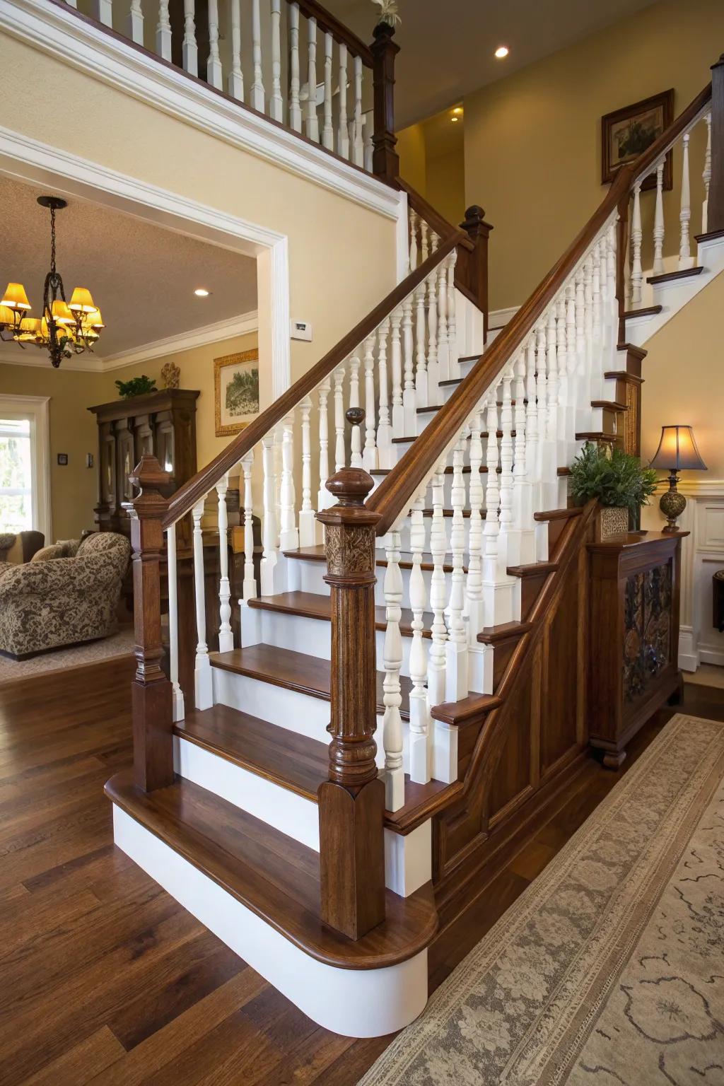 Timeless beauty: classic wood railing with deep colors.
