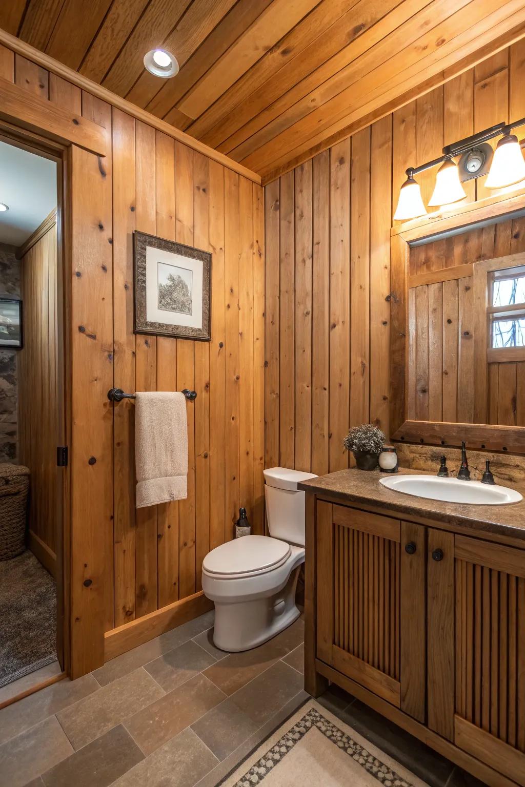 A country-style bathroom features classic plank wood paneling.