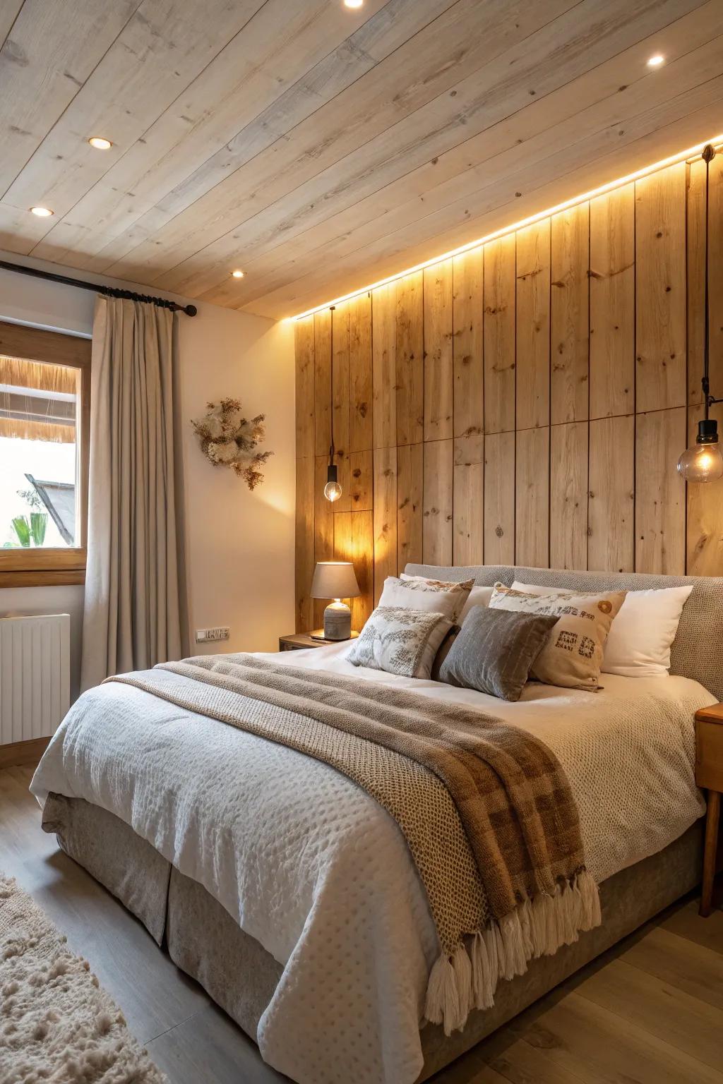 A bedroom is made more beautiful by the addition of a warm timber panel highlight wall.