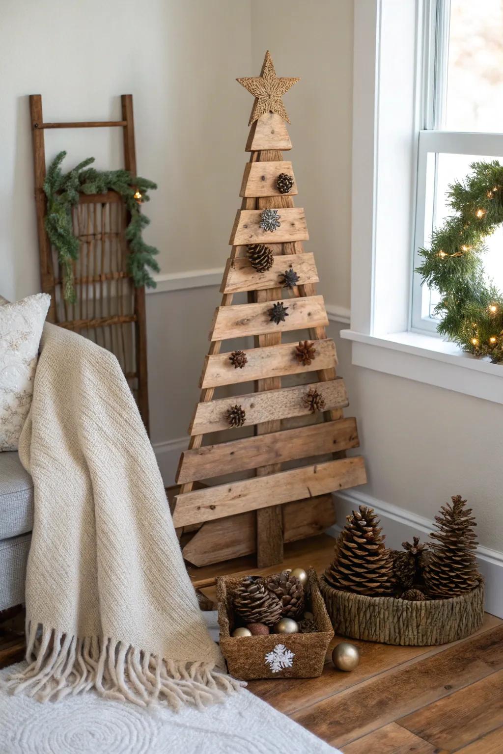 A country-style wooden plank tree positioned neatly in a comfortable corner.