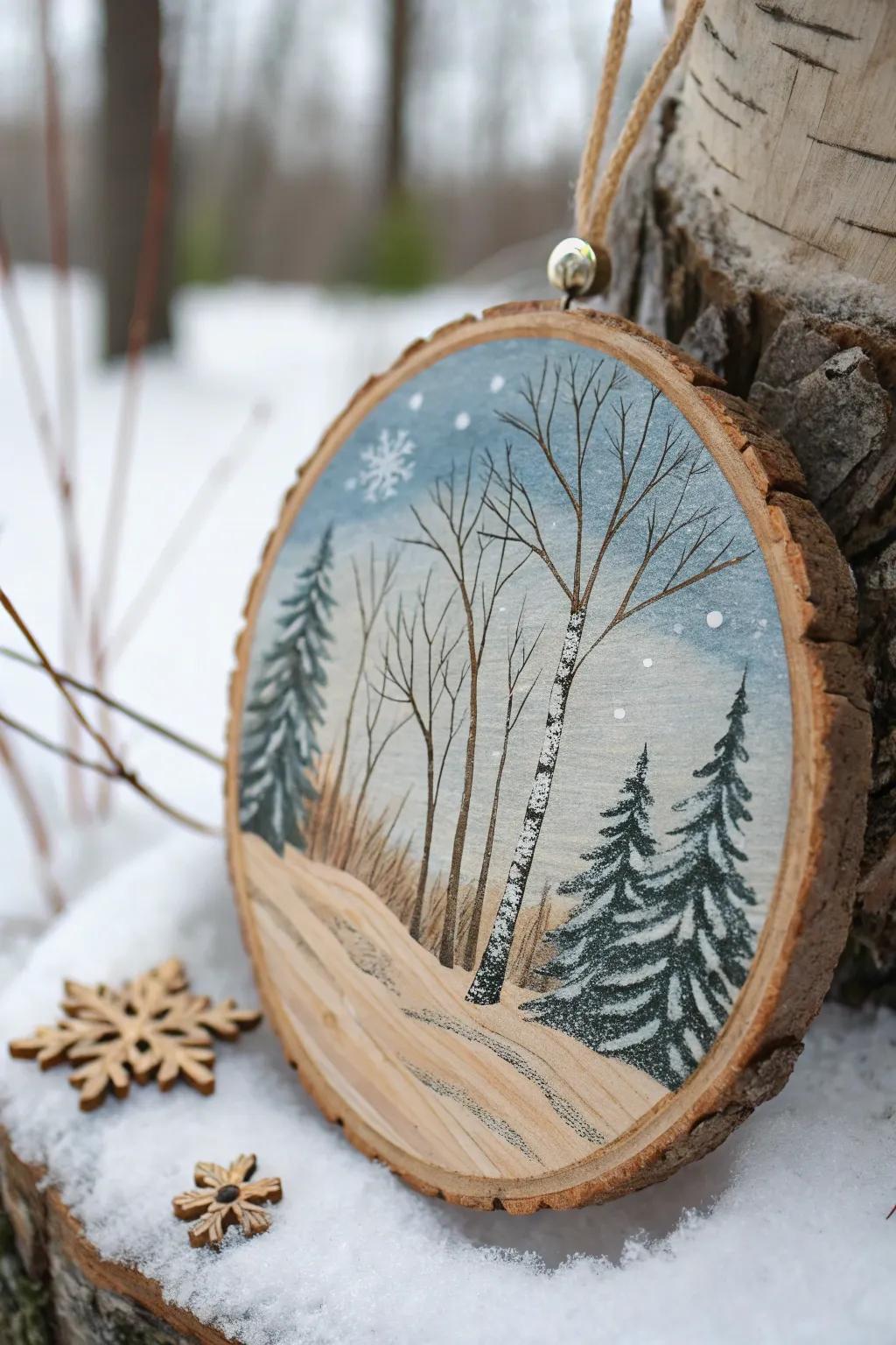 A miniature hand-painted winter scene displayed on a wooden disc ornament.