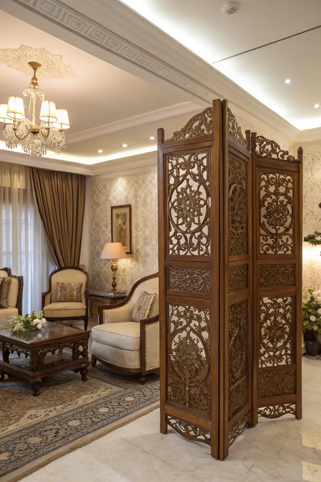 Delicate wood screens bring both seclusion and artistic attraction to this sophisticated lounge.