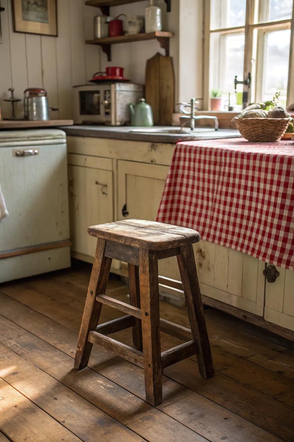 A rustic wooden stool brings countryside charm to your kitchen space.