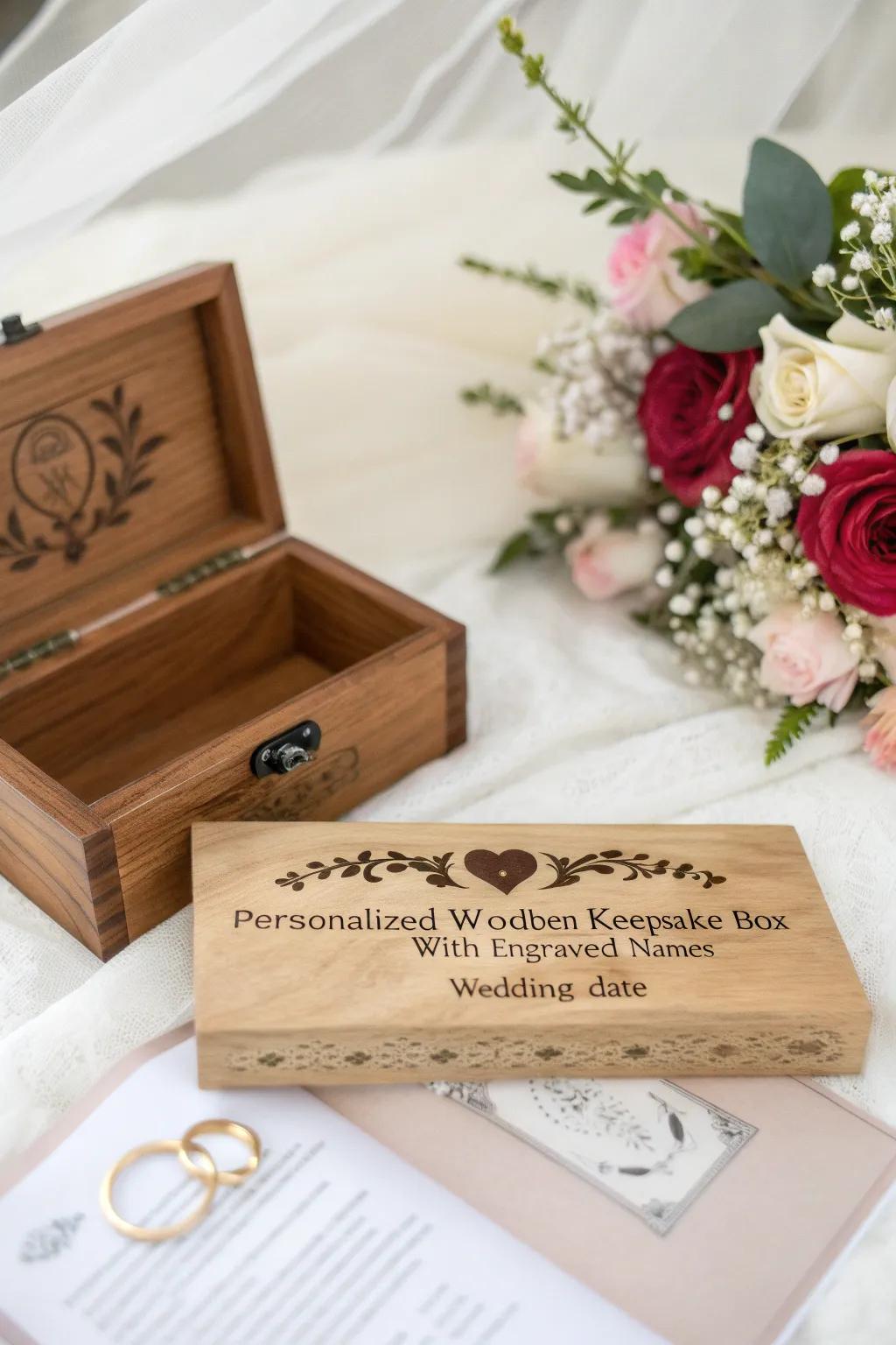 An exquisitely engraved wooden box ideal for preserving cherished memories from a wedding.