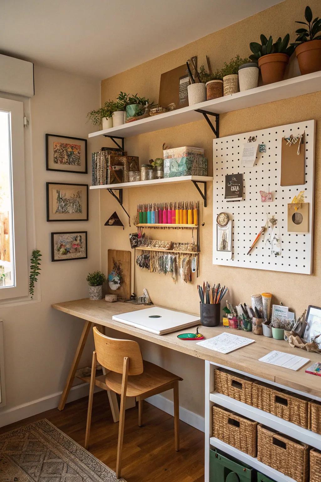Using wall space helps keep the studio neat and free of clutter.