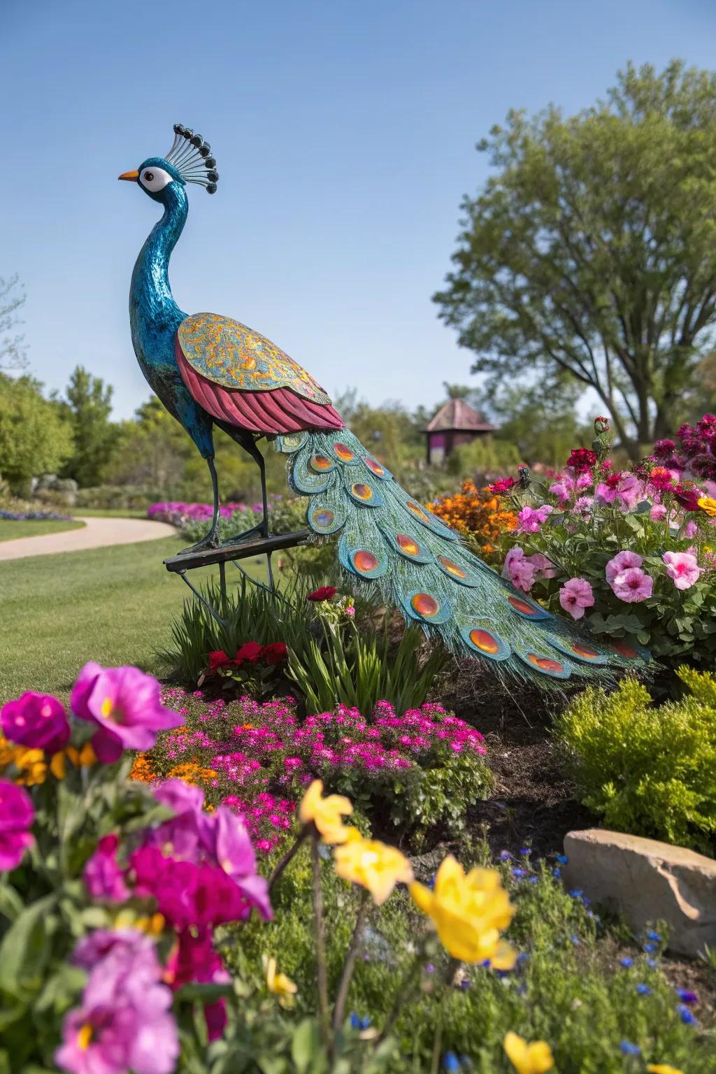A metallic fowl figurine enlivens this vibrant garden.