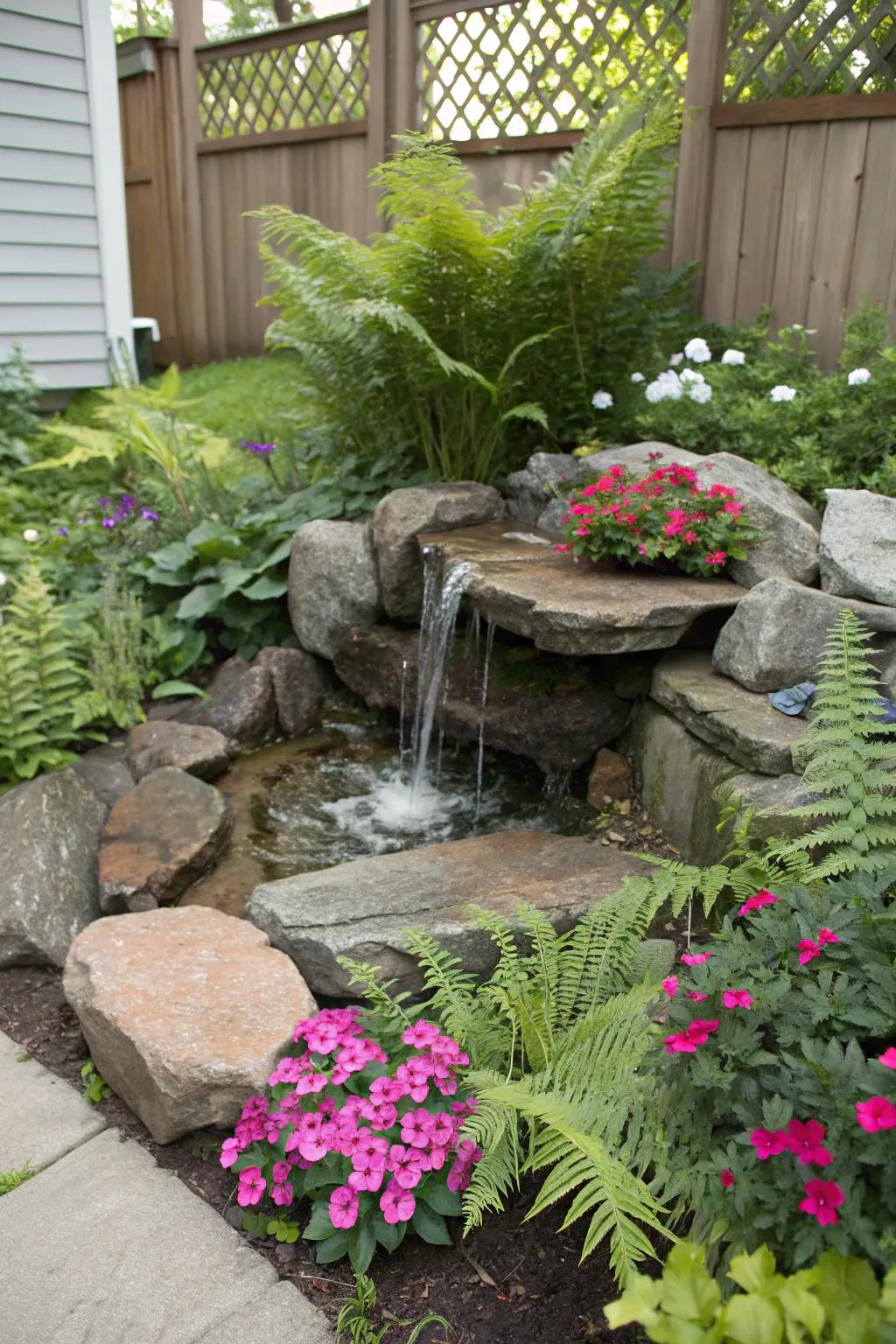 A natural stone fountain blending seamlessly into a vibrant garden landscape.