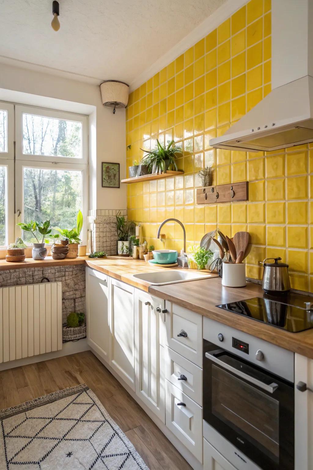 Bold yellow tiles fashion a joyous ambiance in this up-to-date kitchen.