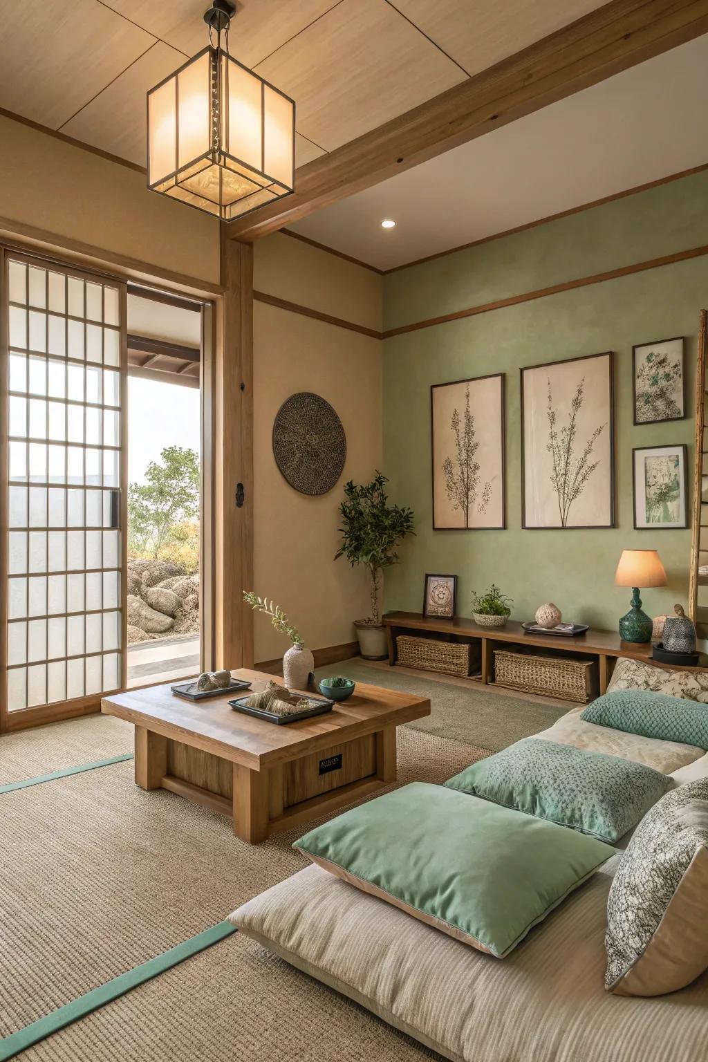 A zen living room featuring earthy tones for a calming atmosphere.