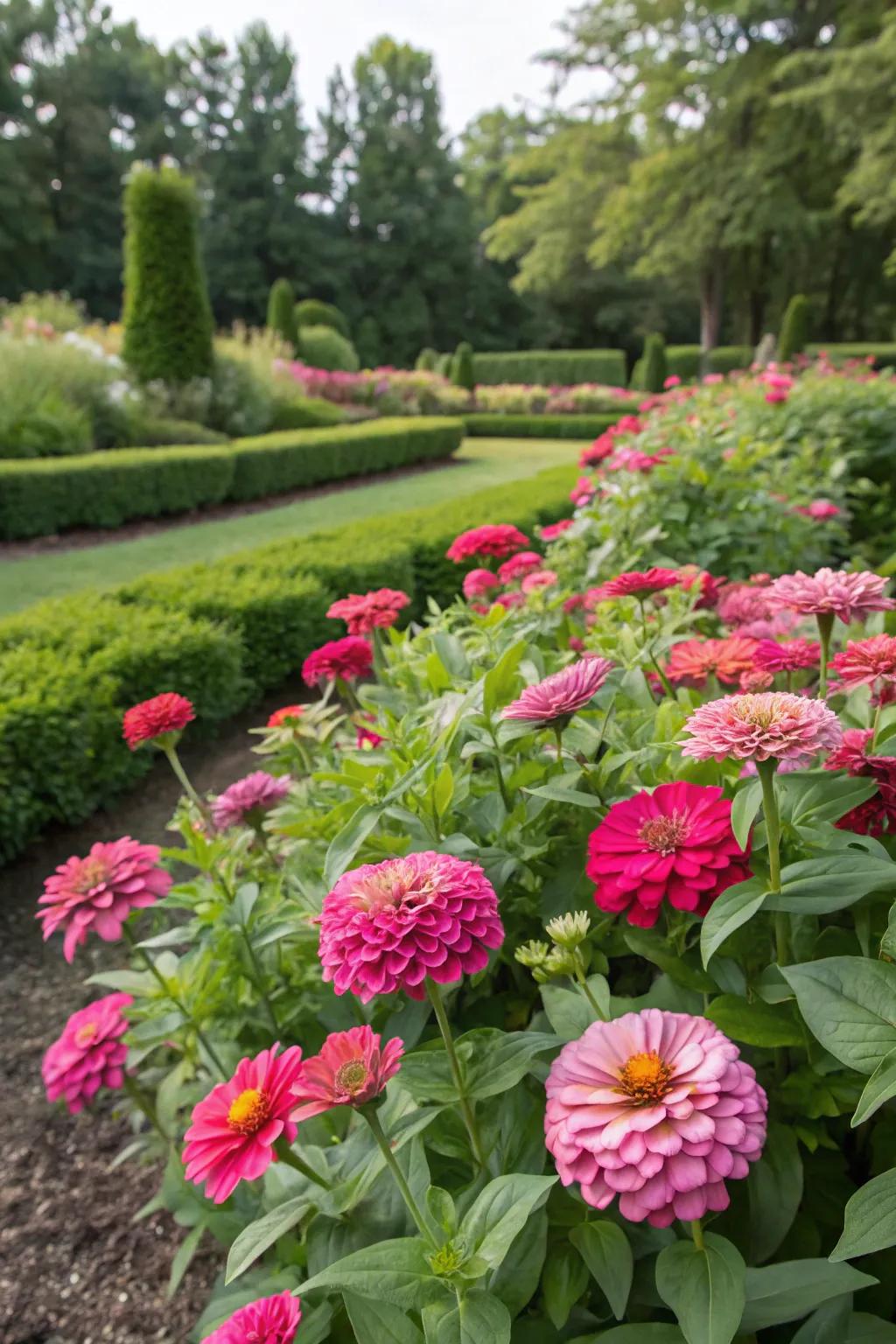 A single-hue pink zinnia garden, showcasing a variety of tints and rich foliage.
