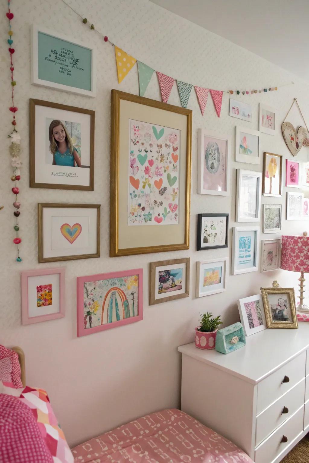 A collection wall makes the space distinctively hers, filled with memories.
