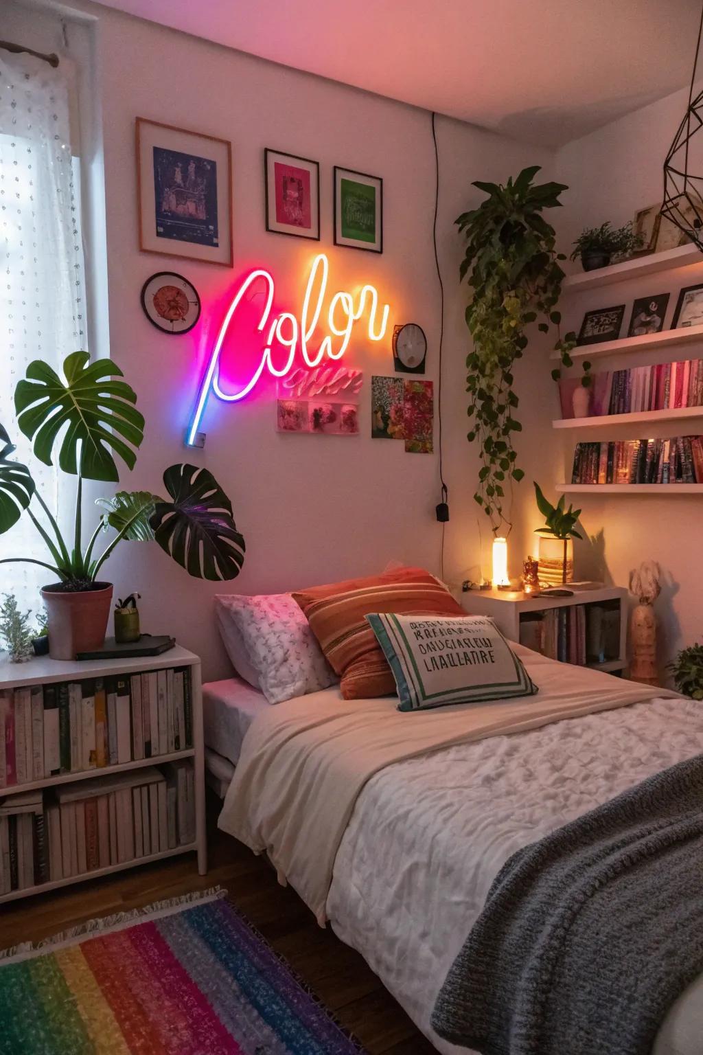 A striking neon emblem acts as a statement piece, introducing color and character.