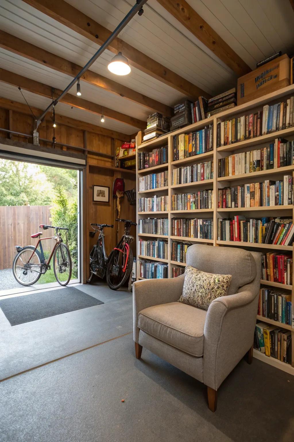Escape inside a realm of literature within a tranquil library setting in a converted garage.