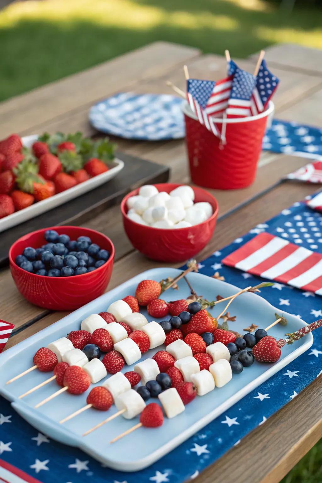 Colorful fruit skewers are a healthy and festive snack option.