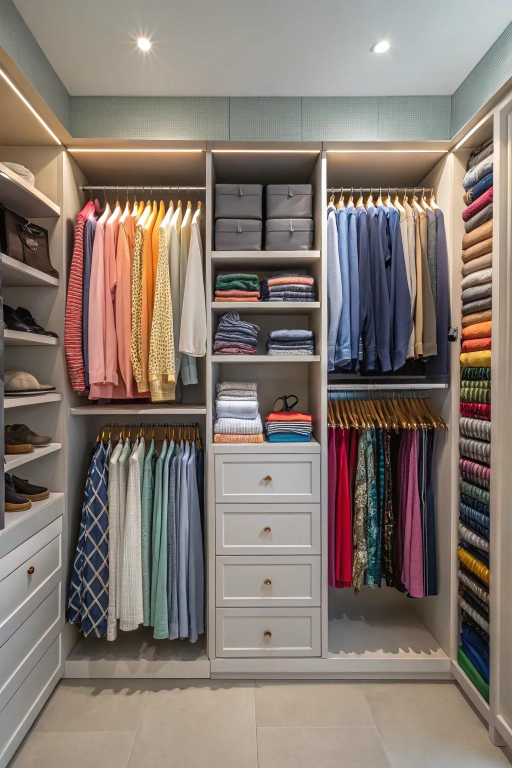 Use of coordinated colors for a visually pleasing closet.