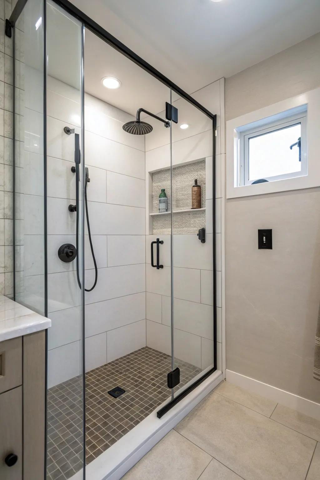 Modern apparatuses add refinement and purpose to a compact shower.