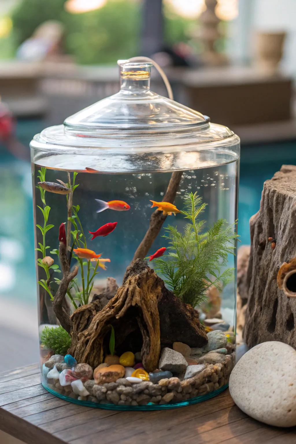 An artistic aquarium terrarium with vibrant underwater parts.