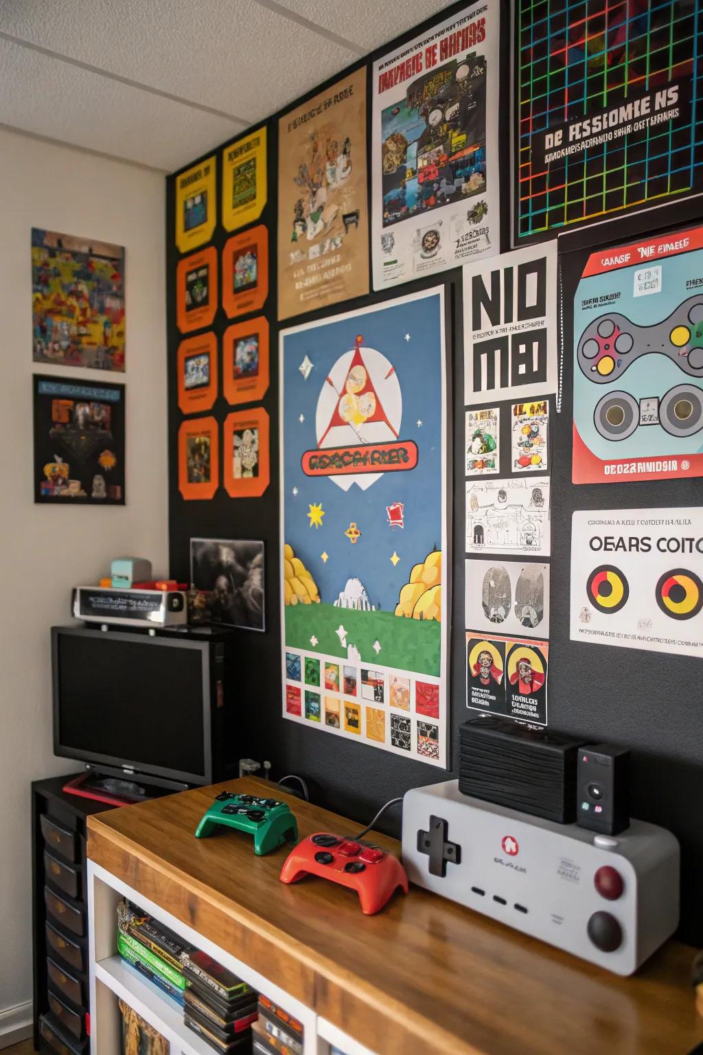 Retro video game graphics adorning a gaming-themed pinboard.