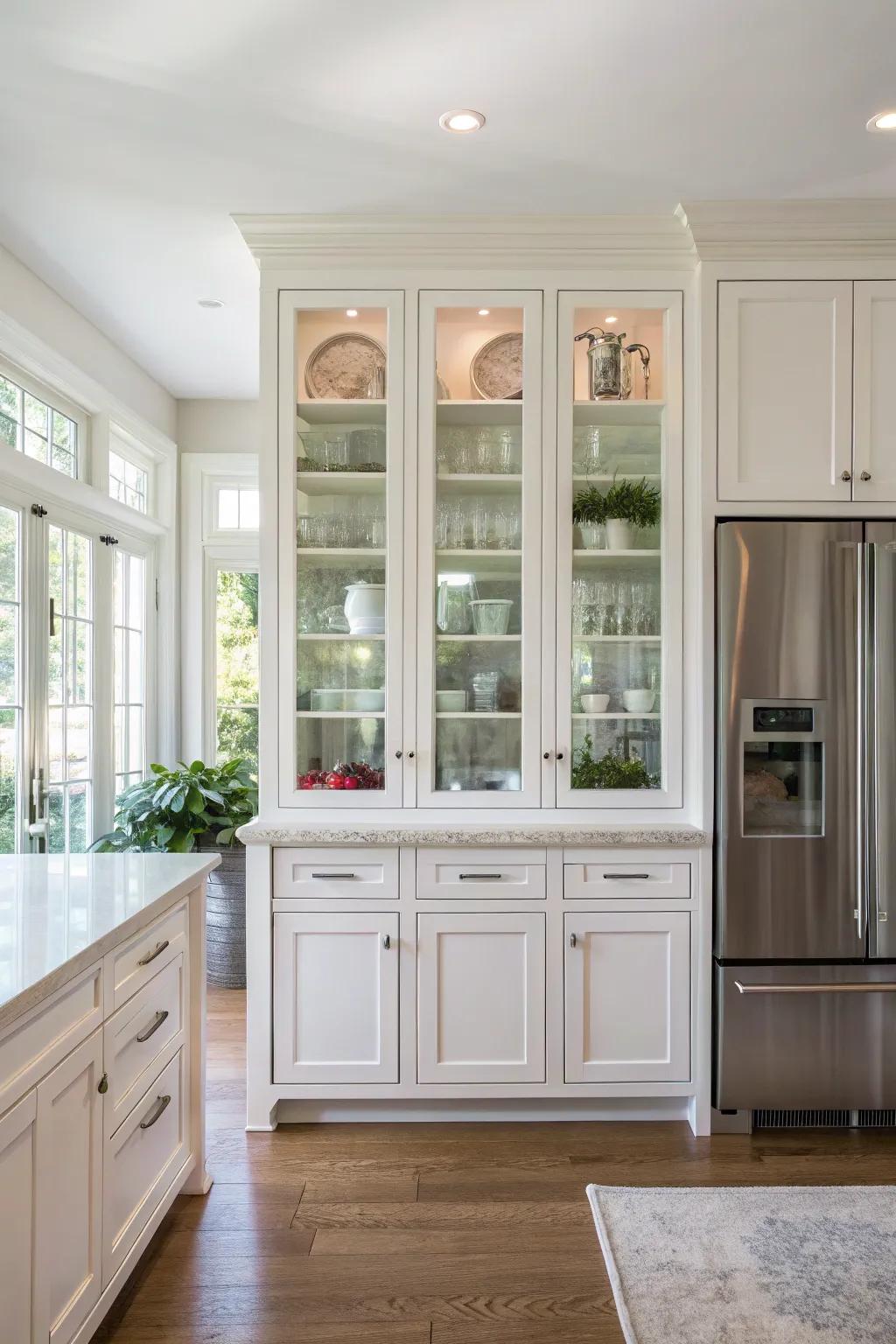Glass-fronted cabinets brighten the kitchen and add sophistication.