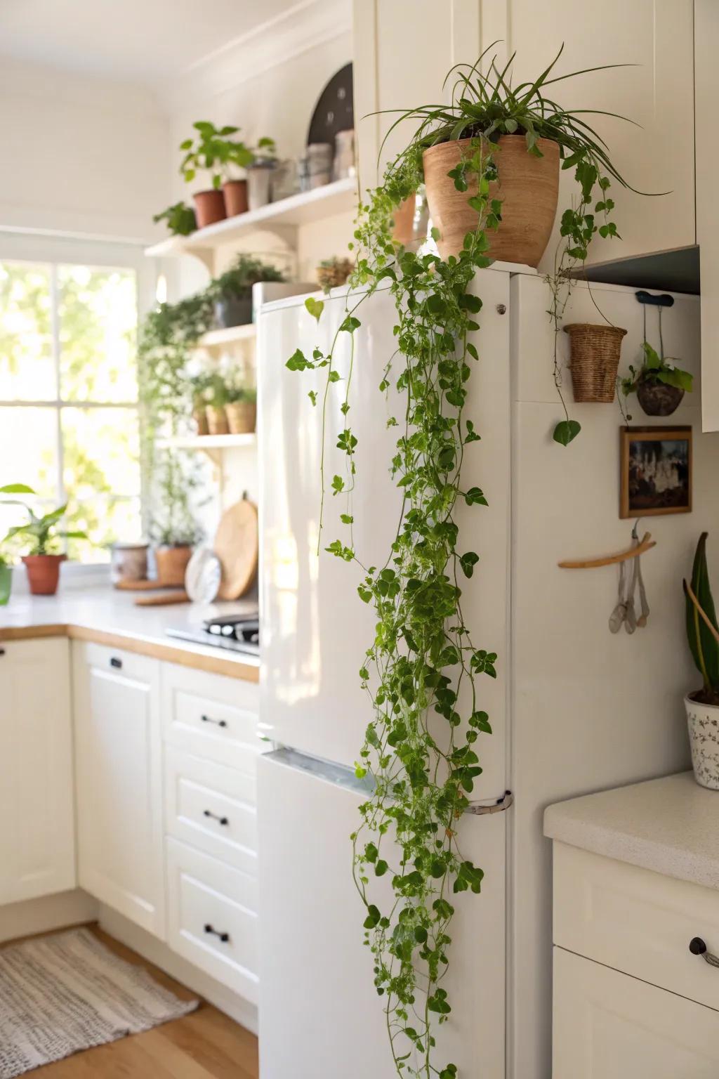 Foliage atop the refrigerator introduces a revitalizing element.