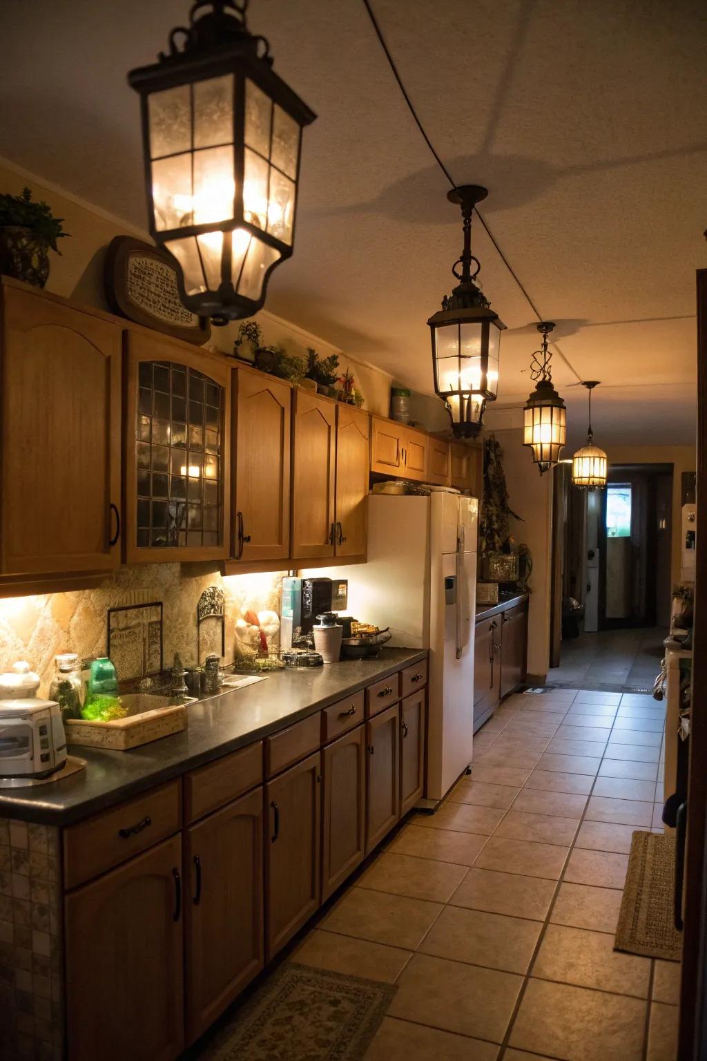 Lanterns give a warm light above the fridge.